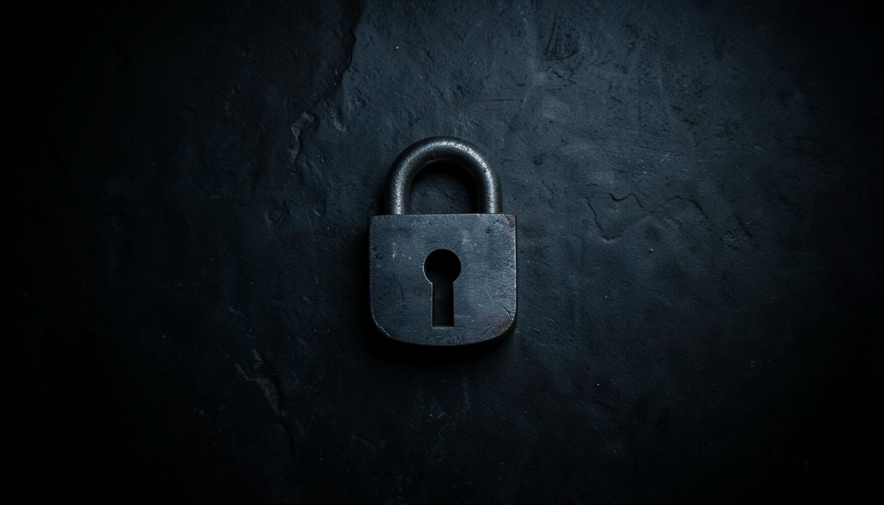 A moody, high-contrast composition of dark slate and steel tones with a subtle lock motif, conveying security and protection.