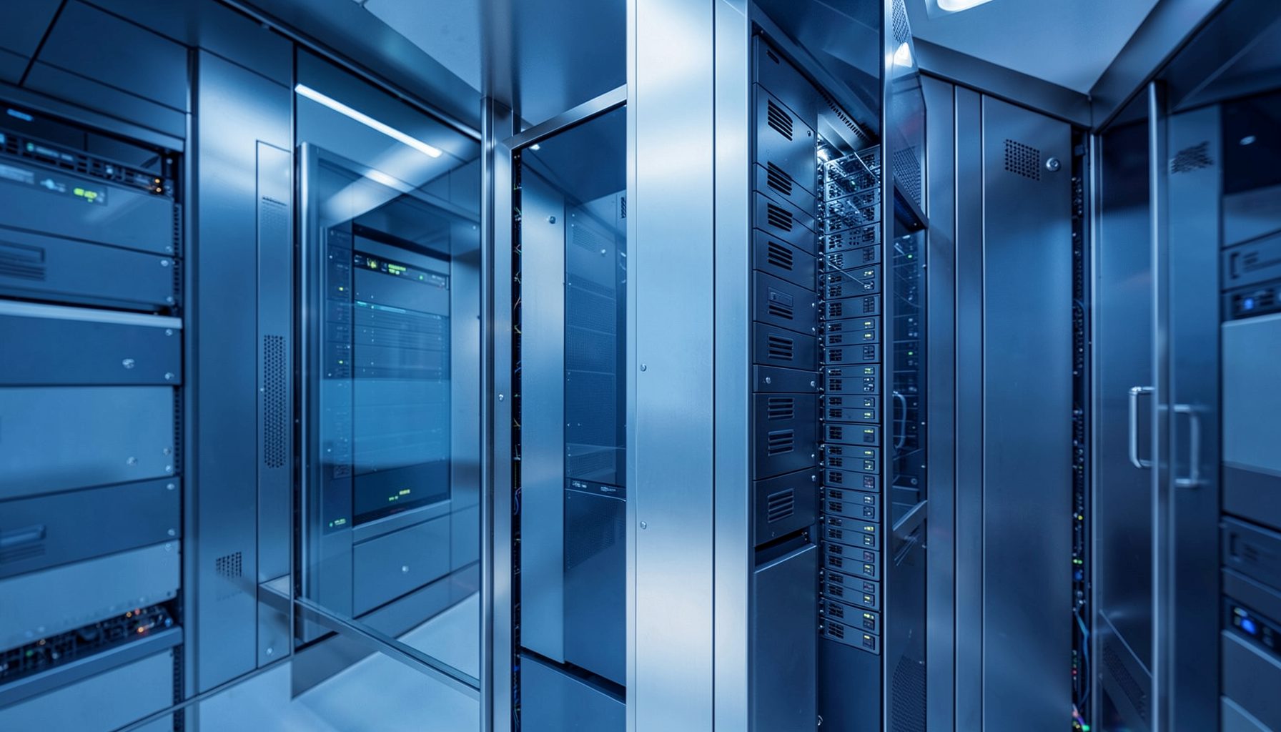 A sleek server-room-inspired abstract composition in cool blues and metallic grays, suggesting cloud infrastructure and deployment.