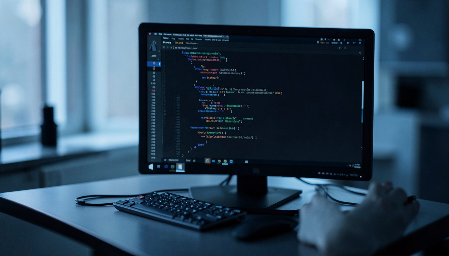 Clean developer workspace with a dark monitor displaying code, cool blue-gray tones and a focused technical mood