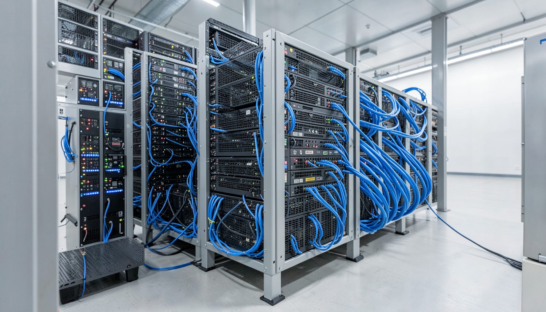 Cloud server infrastructure with blue network cables and a clean data-center aesthetic