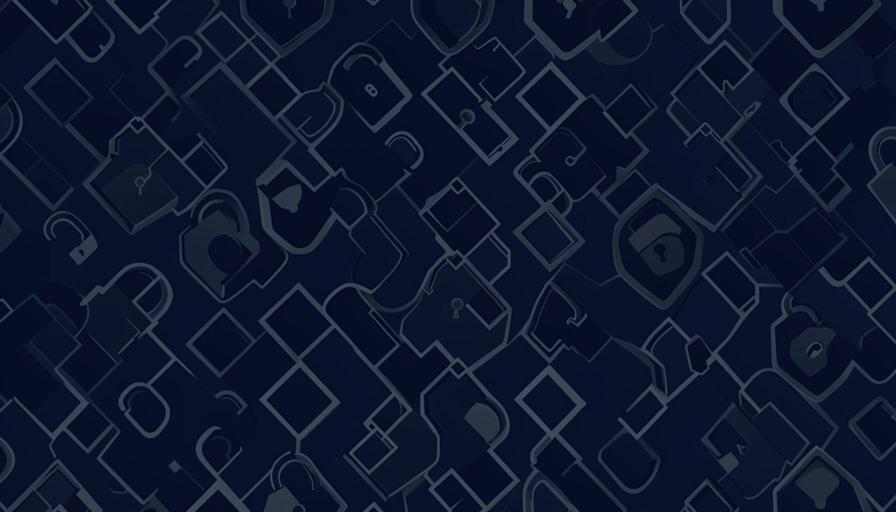 Dark abstract pattern of interlocking geometric shapes in deep navy and charcoal, suggesting digital locks and secure network connections.